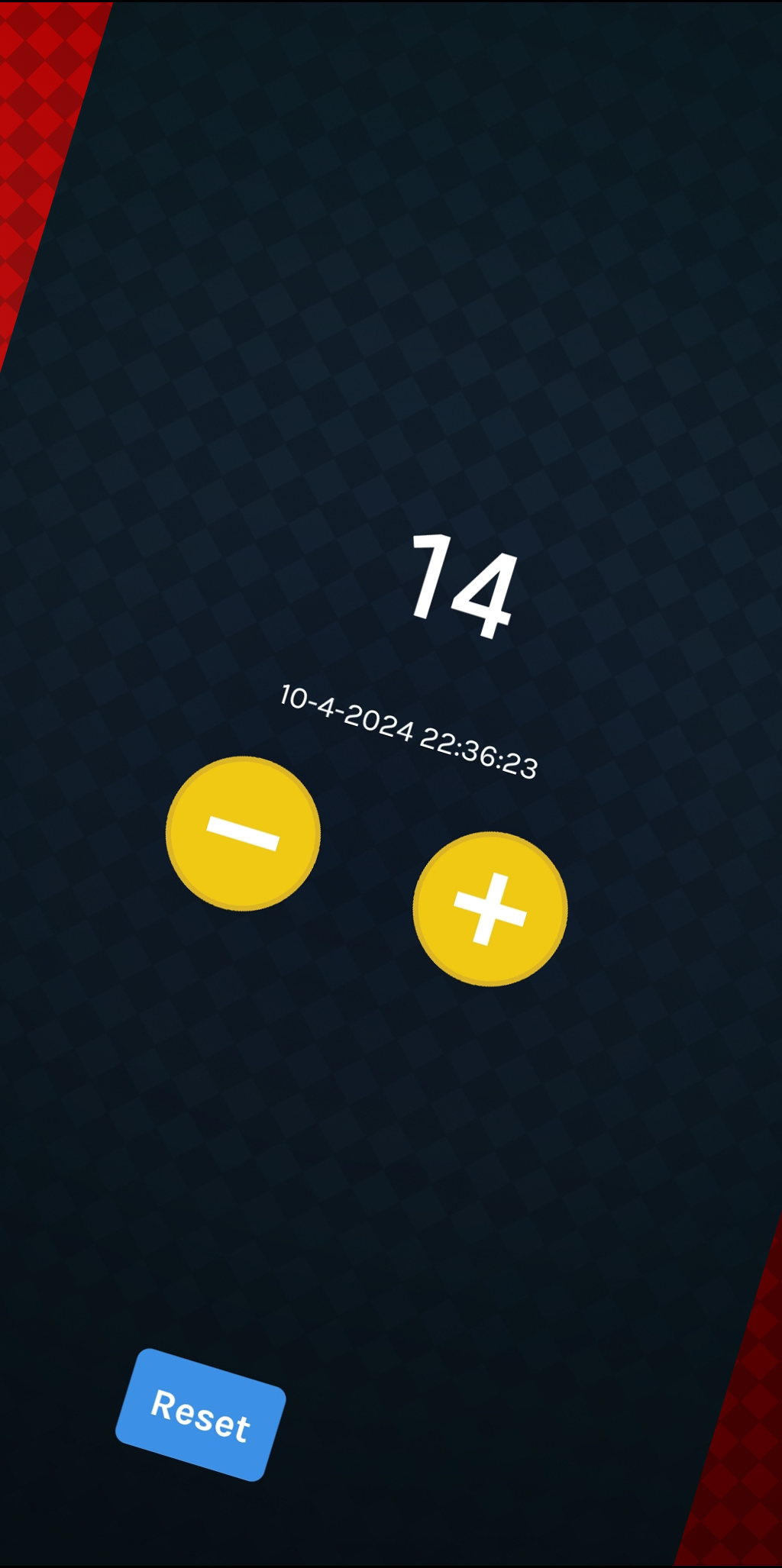 MillionTracker showing a count of 14, the last-updated timestamp, plus and minus buttons, and a reset button